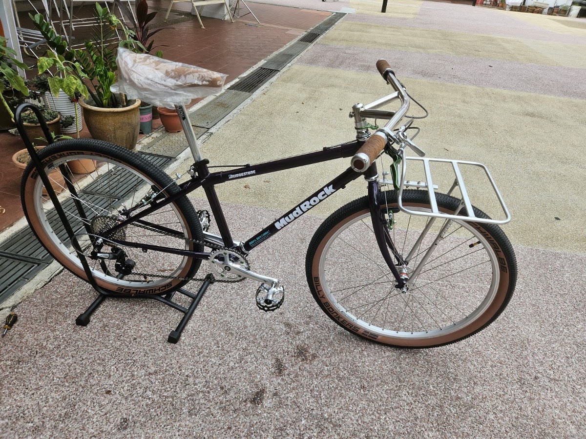 Restored retro Bridgestone MudRock mountain bike with front rack